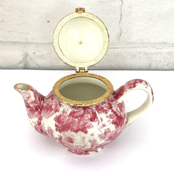 Mini Tea Pot Trinket Box Formalities By Baum Bros Rose Collection Gold Trim - Picture 7 of 10